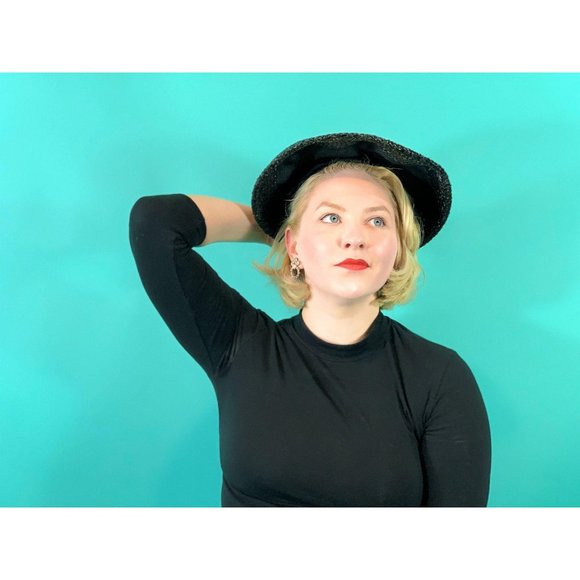 Vintage 1950s Wicker Hat Womens Large Black Sun Velvet Detail - Picture 4 of 11